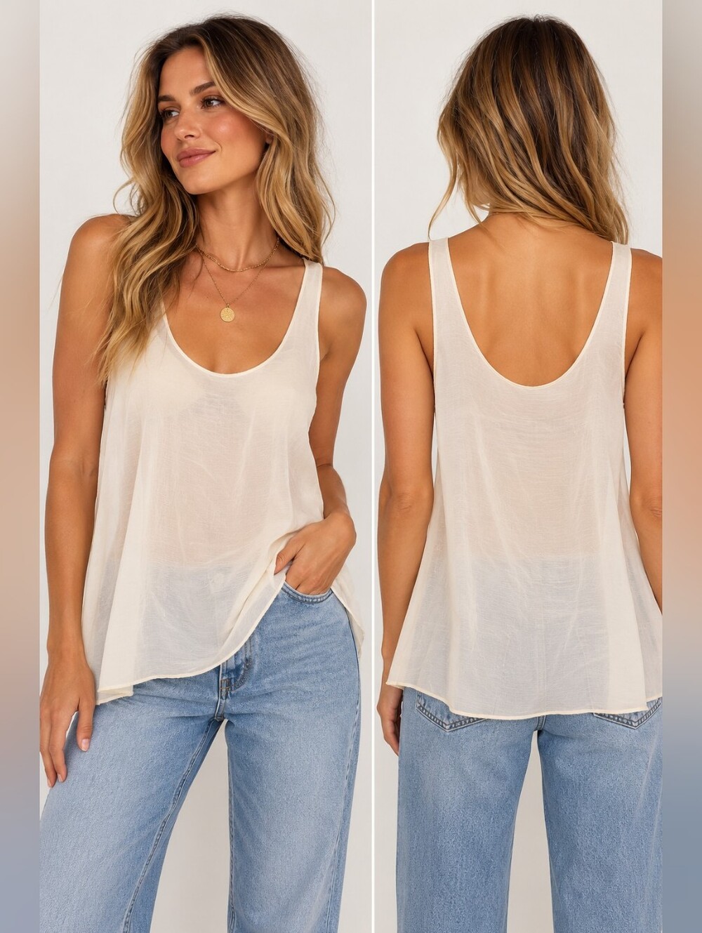 Solaqua Marina Tank Ivory Sheer Viscose Scoop Neck Top NWT US 6